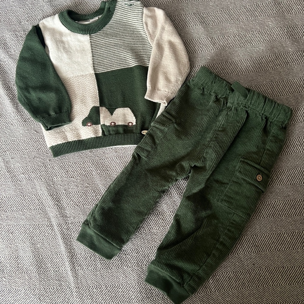Green and Cream Baby Sweater and Pants Set